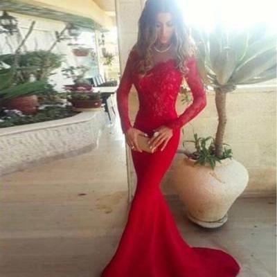 lafine long sexy dress red mermad long sleeve lace evening gown  wedding party dress 2015 hot prom gown with lace