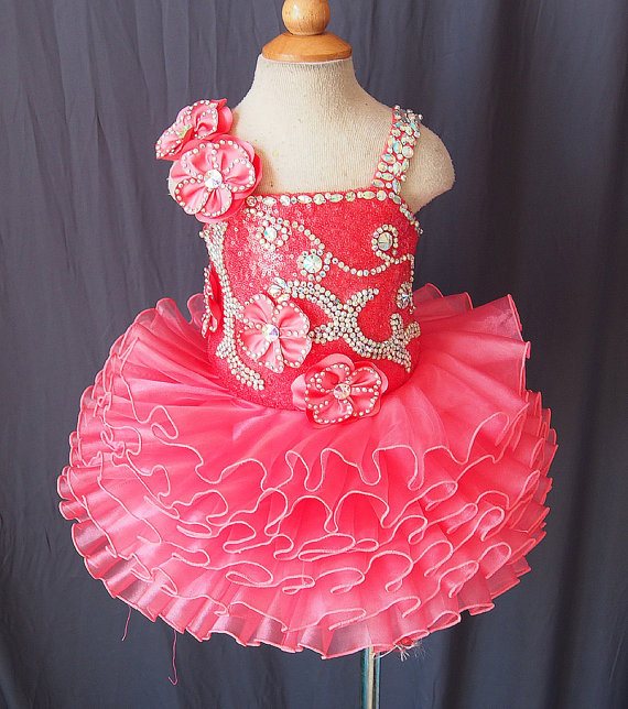 Lafine Flower Girl Dress With Beading Full Handmade Ruffle Organza Baby Infant Toddler Pageant Clothes Red