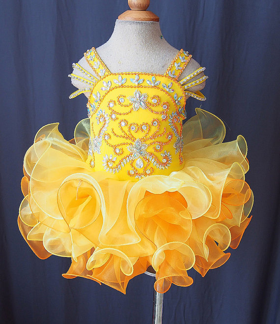 Lafine Infant Baby Pageant Clothes Commuion Clothing Ruffles Flower Girl Dress With Beads Handmade Yellow