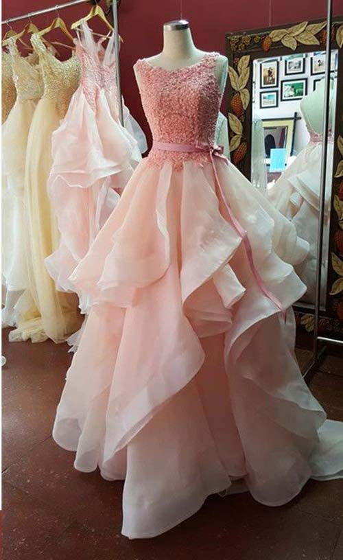 Pink Ruffles Beads Prom Dress